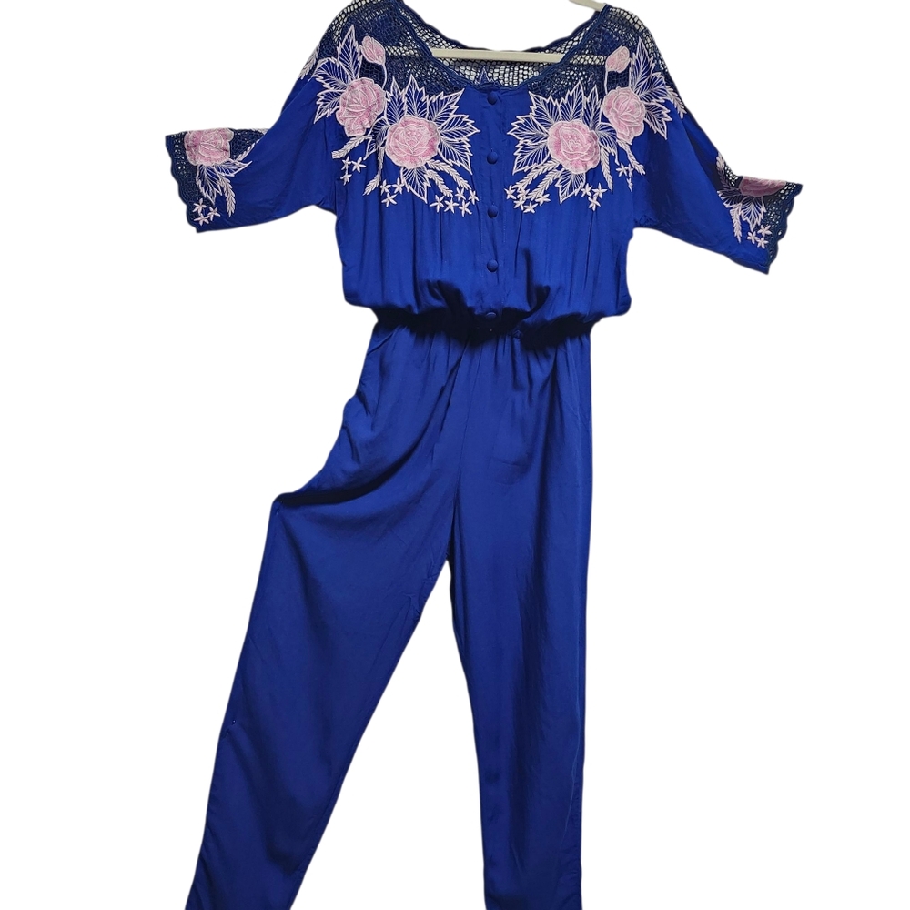 Vintage 80s Blue Jumpsuit Floral Embroidery And Cutouts Indonesian Hawaiian Sz M
